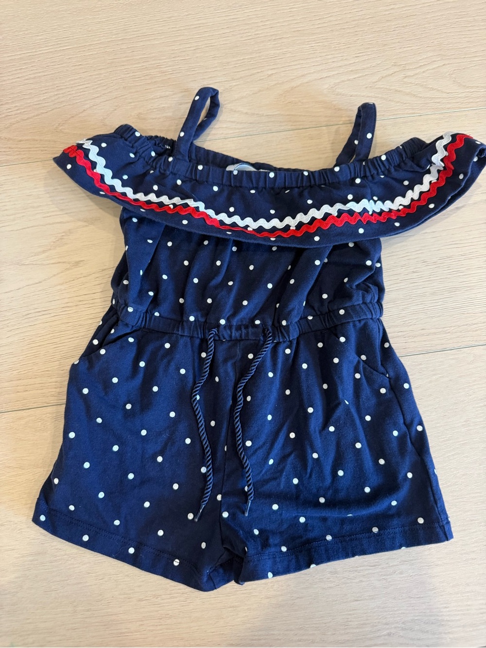 Janie and Jack Navy Polka Dot Off-Shoulder Romper with Red & White Trim | 2T